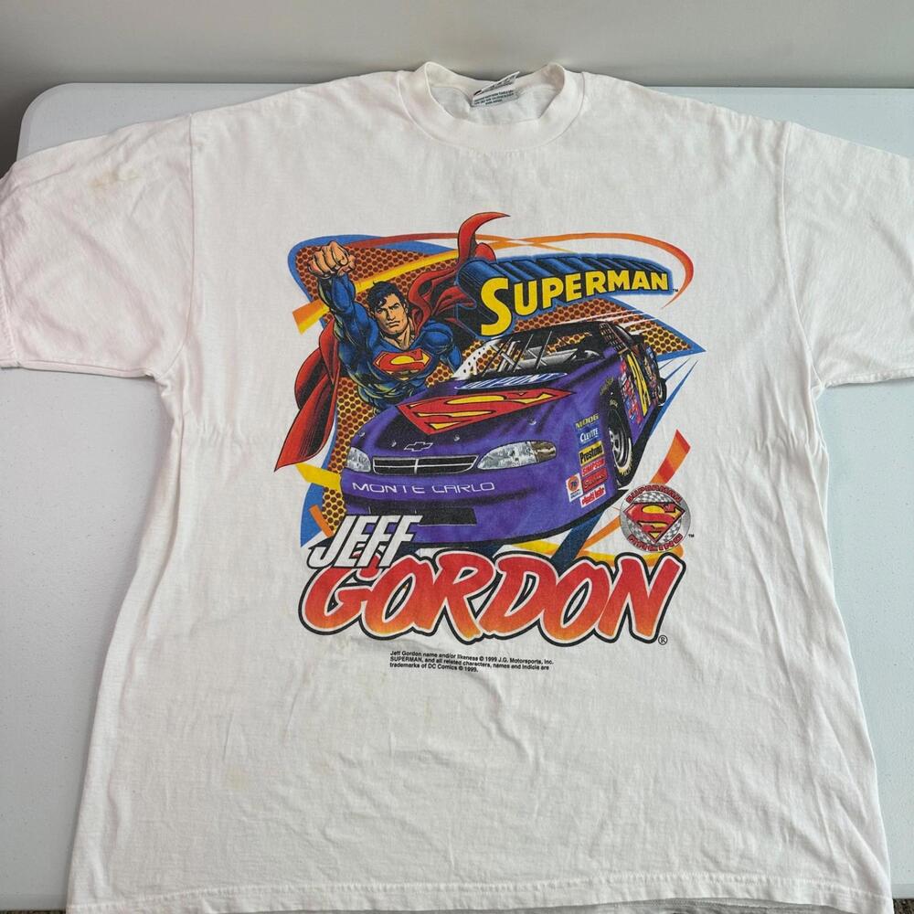 Vintage Jeff Gordon Superman Shirt Mens XL White NASCAR Racing DuPont